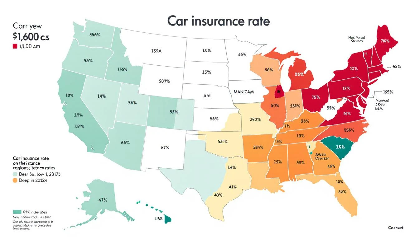 U.S. auto insurance rate map by region — 2026 editorial illustration